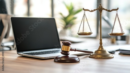 Laptop with online law and justice concept on the table in a modern office, next to a wooden gavel and scales of Justice in an indoor background. In the style