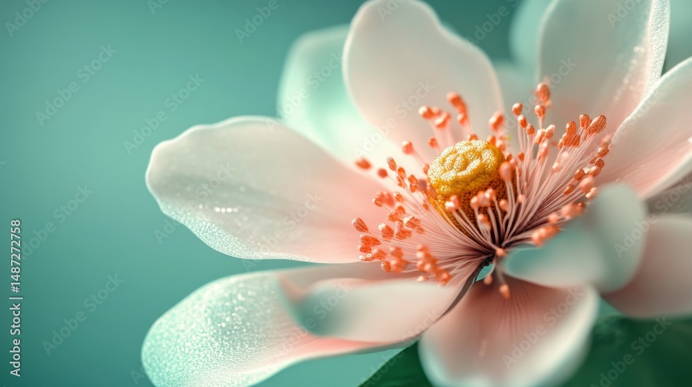 Fototapeta premium Intricate flower burst against green backdrop, commercial photo, realistic detail, evenly lit, with copyspace