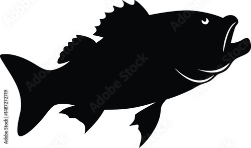 Solid black fish with open mouth swims to the right side on white