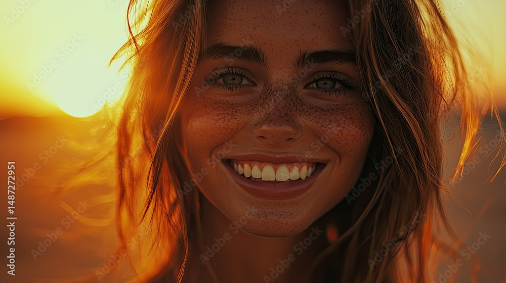 A smiling woman with freckles appears in warm golden sunlight A smiling woman with freckles appears in warm golden sunlight