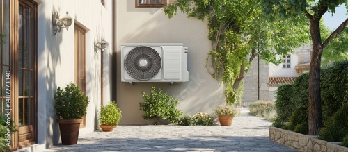 Outdoor Air Conditioning Unit on a Mediterranean Villa Wall