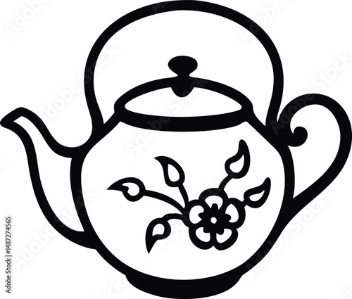 Stylized teapot with floral decoration is presented in a minimalist black and white line art