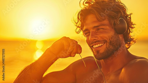 A happy man enjoying the sunrise while listening to music