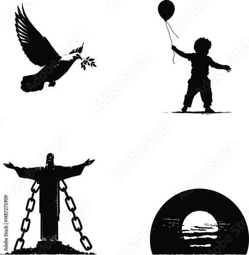 Symbolic & Freedom Representation Icon Set Featuring Four Unique Silhouettes: A Dove Carrying an Olive Branch in Flight, A Child Joyfully Holding a Balloon, A Figure Breaking Free with Chains Falling 