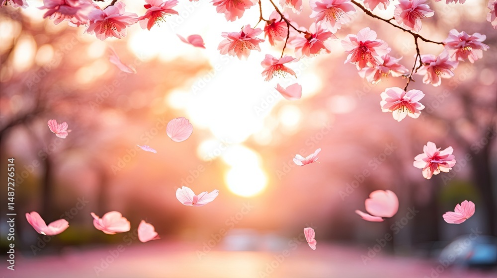 Fototapeta premium Soft pink blossoms fall in spring sunset.