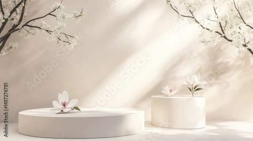 Spring minimalistic product display scene, podiums, magnolia blossom