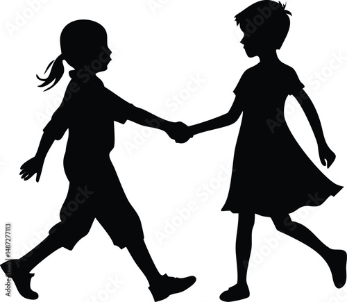 Two cute children holding hands and walking together happily as black silhouette picture