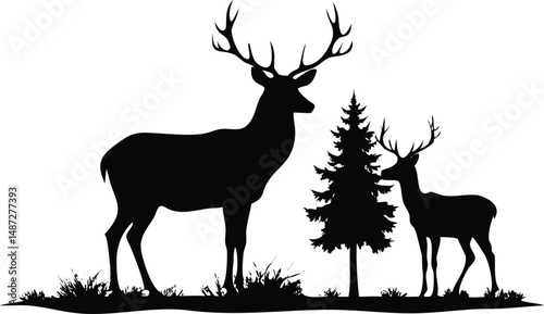Two deers and a fir tree are shown in silhouette art form