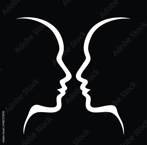 Two white abstract human faces face each other in a black backdrop