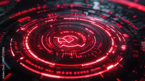 Glowing red futuristic circular interface with intricate details