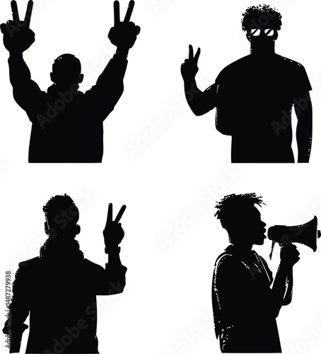 Protest & Expression Silhouette Set Featuring Four Dynamic Figures: One Raising Both Hands in a Peace Sign, Another Making a Single-Hand Peace Gesture with Sunglasses, A Jacket-Clad Individual Holding