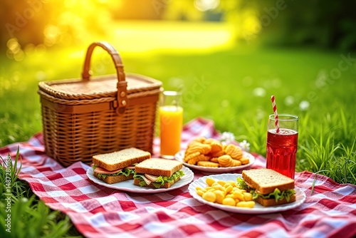 Picnic with sandwich, fries, drink, basket, and juice backdrop