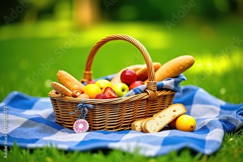 Picnic basket with bread, fruit, vegetables on checkered blanket