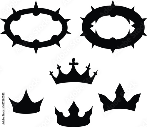 Various stylized black crowns and thorn rings are displayed against a white background