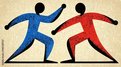Abstract Red and Blue Figures in Dynamic Pose