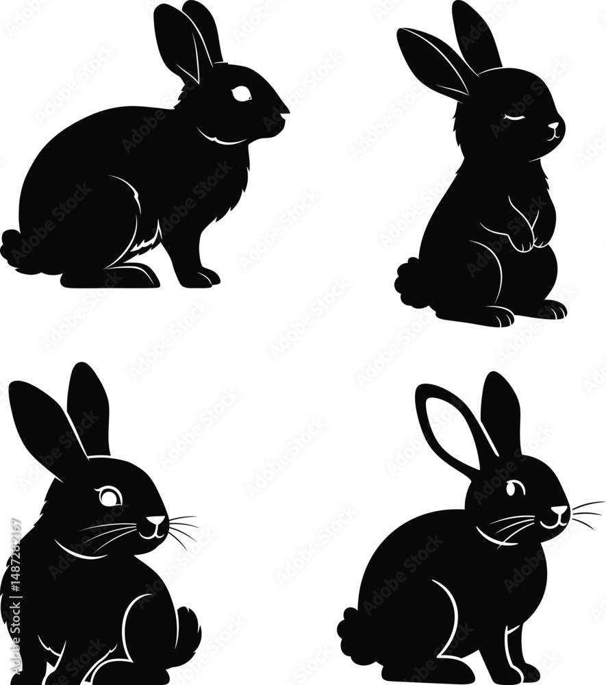 Obraz premium Easter bunny silhouettes, rabbit clip art set, isolated decorative elements for the holidays