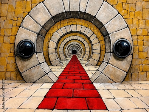 Abstract Red Brick Path Through Concentric Beige and Yellow Arches