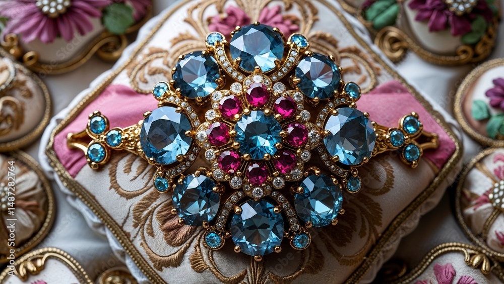 Obraz premium Vintage accessories gemstone cluster ring antique fashion looks on ornate cushion background