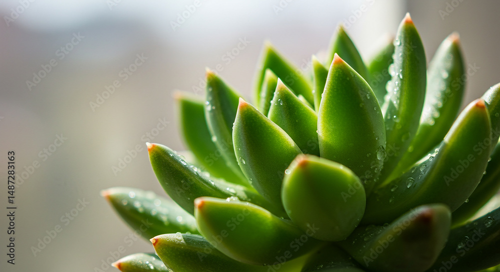 Fototapeta premium Close up photograph of a vibrant green succulent plant with water droplets details.