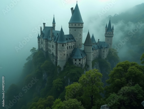 Wallpaper Mural Bird’s-eye perspective of an ancient castle surrounded by misty forests, adding a mysterious vibe Torontodigital.ca