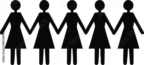Five stylized silhouette women are holding hands together as a chain on white