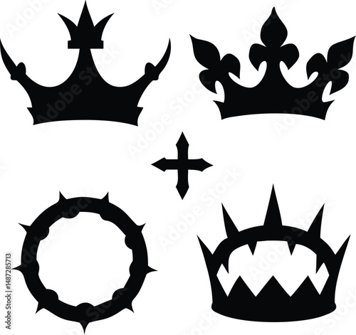 Four different black crown silhouettes and a cross are isolated on a white backdrop