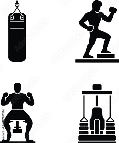 Boxing & Gym Training Silhouettes Featuring a Hanging Punching Bag, a Boxer in a Fighting Stance on a Raised Platform, a Squatting Athlete Performing Strength Training, and a Multi-Bag Gym Equipment 