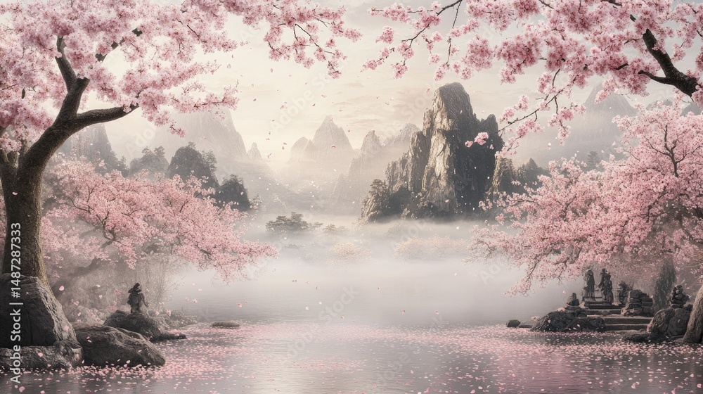 Fototapeta premium Serene misty valley landscape with blossoming cherry trees.
