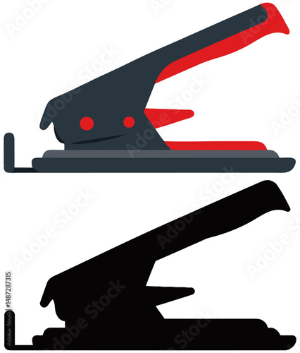 Vector illustration of a paper hole punch with a side view and a silhouette version below, ideal for office, school, or stationary tool designs.