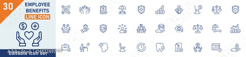 Employee Benefit line icon set. Set of 30 outline icons related to insurance, social security, pension, bonus, paid vacation, teamwork and others. Editable stroke. Vector illustration.