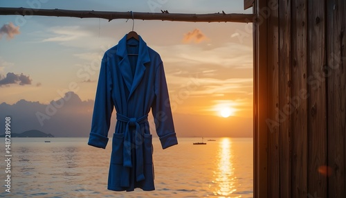 Sunset with a blue bathrobe dangling from a hook