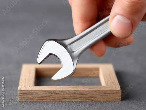 close-up photograph of hands assembling a piece of flat-pack furniture using an allen wrench