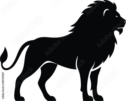 Majestic lion silhouette stands powerfully, its regal form captured in stunning black and white