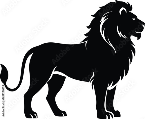 Majestic lion standing powerfully, its dense black mane cascading around its regal silhouette