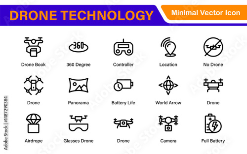 Modern Drone Technology Icons – Clean Outline, Line Art, and Vector Illustrations for Drones, UAVs, Aerial Robotics, and Digital Platforms