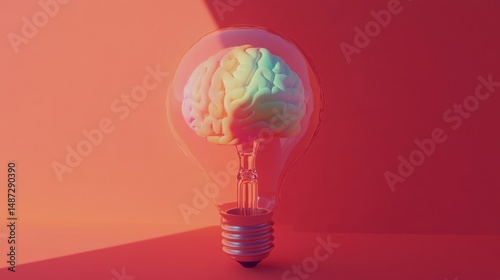 A glowing brain inside a glass bulb stands out in a pastel hued 3D scene, resting on a creatively textured backdrop.