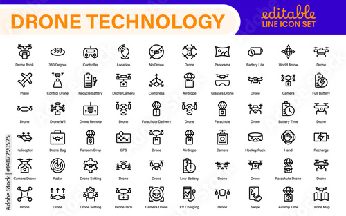 Modern Drone Technology Icons – Clean Outline, Line Art, and Vector Illustrations for Drones, UAVs, Aerial Robotics, and Digital Platforms