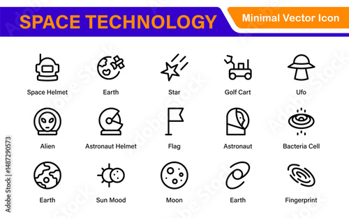 Modern Space Exploration Technology Icons – Outline, Line Art, Vector Illustrations for Rocket Science, Satellites, Astronauts, and Future Missions