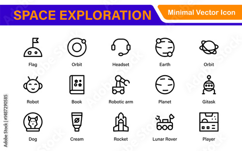 Modern Space Exploration Technology Icons – Outline, Line Art, Vector Illustrations for Rocket Science, Satellites, Astronauts, and Future Missions