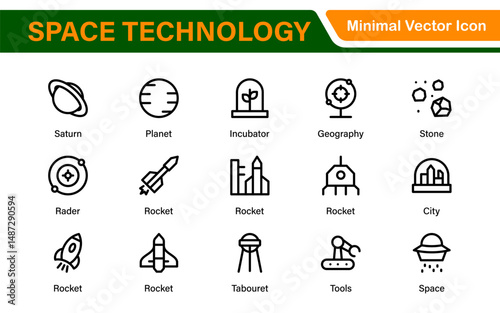 Modern Space Exploration Technology Icons – Outline, Line Art, Vector Illustrations for Rocket Science, Satellites, Astronauts, and Future Missions