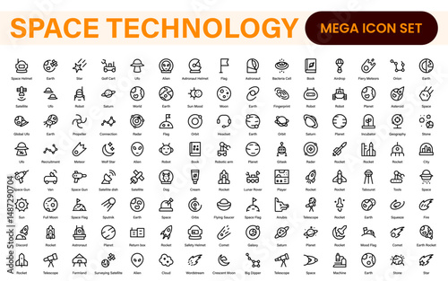 Modern Space Exploration Technology Icons – Outline, Line Art, Vector Illustrations for Rocket Science, Satellites, Astronauts, and Future Missions