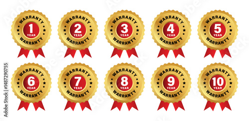 1 to 10 years warranty logo set with red ribbon in golden color. Guarantee seals or labels vector icons set. Golden warranty logo sticker collection for product assurance.