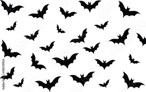 Many dark silhouette bats are scattered across a white plain background creating an eerie scene