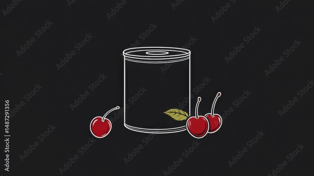 Obraz premium Canned Cherries with Label and Red Cherries on Black Background Illustration