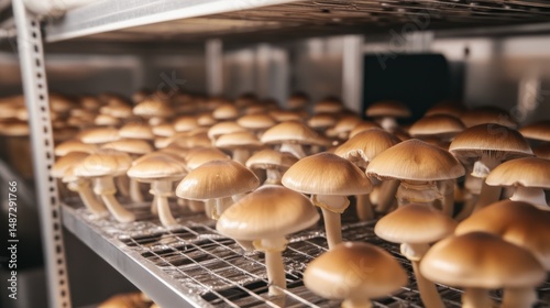 Cultivation of Gourmet Mushrooms: A Close-Up View of Rows of Freshly Harvested Mushrooms on Metal Racks in a Controlled Environment