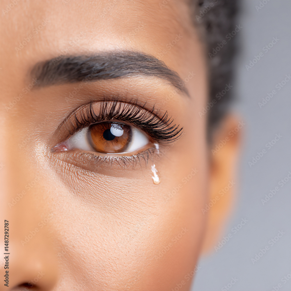 Fototapeta premium close-up photograph of a tear rolling down a cheek, symbolizing sadness, grief, or emotional pain,