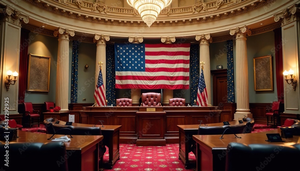 Naklejka premium American flag displayed prominently in a congressional chamber, washington, senate