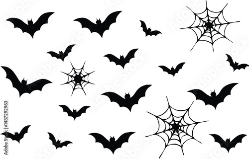 Multiple silhouette bats fly beside spiderwebs across a clean white, creating a Halloween theme