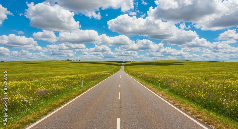 Fototapeta premium Driving Straight Road Through Green Meadow Under Blue Sky with Clouds