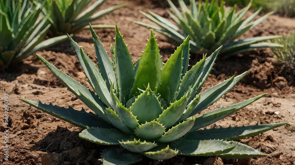 Fototapeta premium Close up of a vibrant green aloe vera plant with sharp leaves surrounded by dry brown soil in sunlight